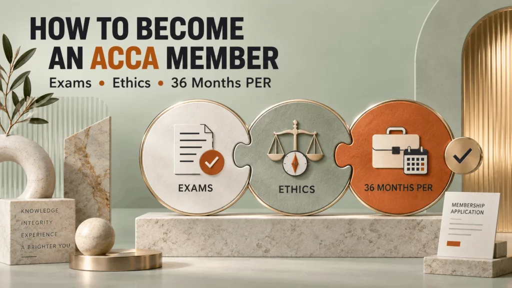 How to become an ACCA member by completing exams, ethics and 36 months of practical experience