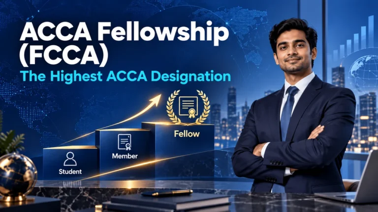 ACCA Fellowship progression from student to member to Fellow, beside a finance professional.