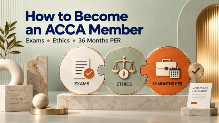 How to become an ACCA member: exams, ethics and 36 months of practical experience, illustrated by three linked milestones.