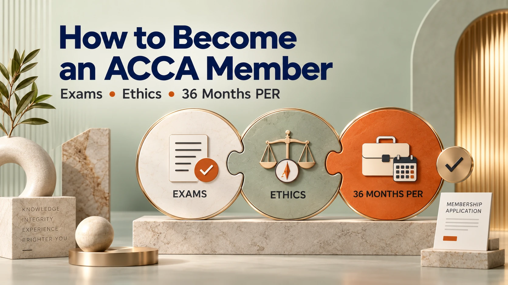 How to become an ACCA member: exams, ethics and 36 months of practical experience, illustrated by three linked milestones.