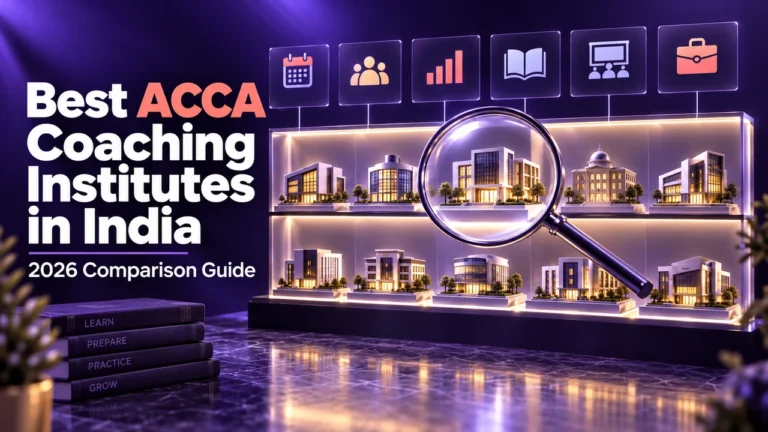 Best ACCA coaching institutes in India: a 2026 comparison illustrated by campus models and a magnifying glass.