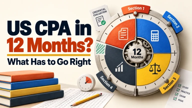 US CPA in 12 months: four exam sections illustrated by a study timeline wheel and preparation materials.