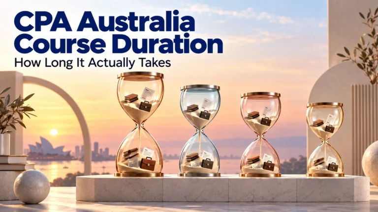 CPA Australia course duration illustrated by four hourglasses representing different starting qualifications.