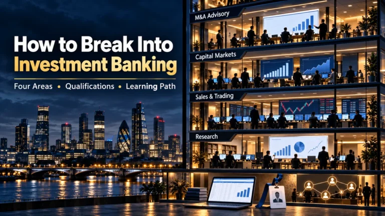 Four investment banking areas illustrated as office floors: M&A advisory, capital markets, sales and trading, and research.
