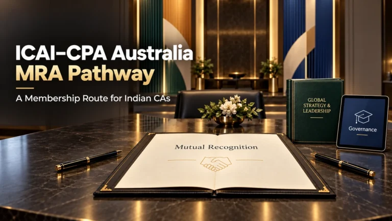 ICAI–CPA Australia MRA pathway, illustrated by a mutual-recognition document and governance study materials.