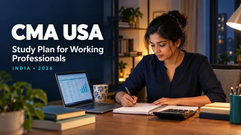 Indian finance professional studying at a home desk beside a laptop and calculator; CMA USA study plan for working professionals in India, 2026.